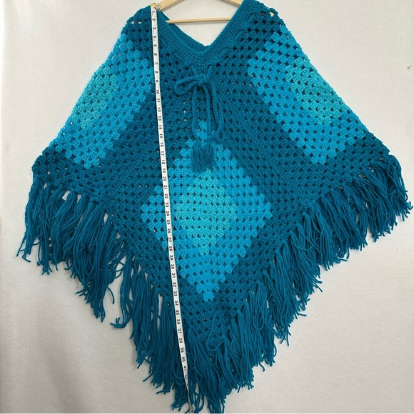 Handmade Teal Crochet Poncho Oversized Duster Boho Hippie Granny  *READ - Picture 8 of 12